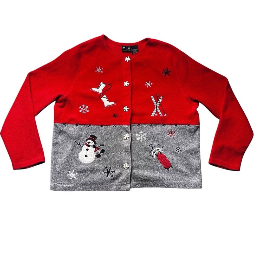 C & B Sport Christmas Cardigan Women’s L Red Gray Snowman Ski Holiday Sweater